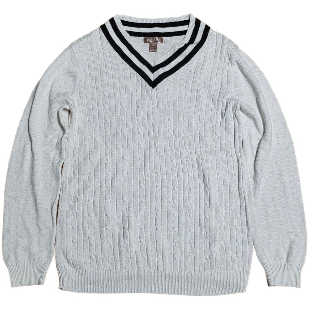 White Stag Cable Knit V Neck Sweater Women'sSize M White Striped Collar‎
